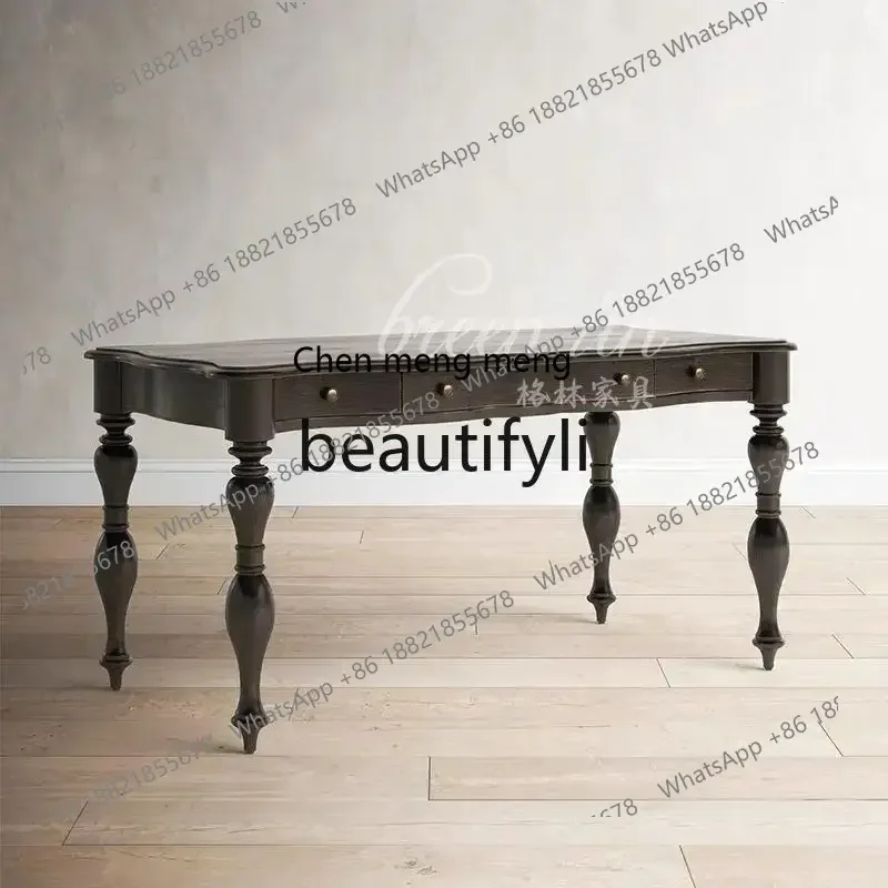 

French retro Roman column solid wood desk design light luxury writing desk engraving desk6220