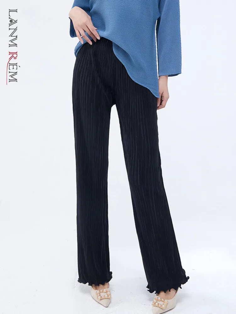 LANMREM Women Black Pleated Pants 2025 Spring New Fashion Elastic Waist Fungus Design Straight Trousers Ladies Casual 2DC1369