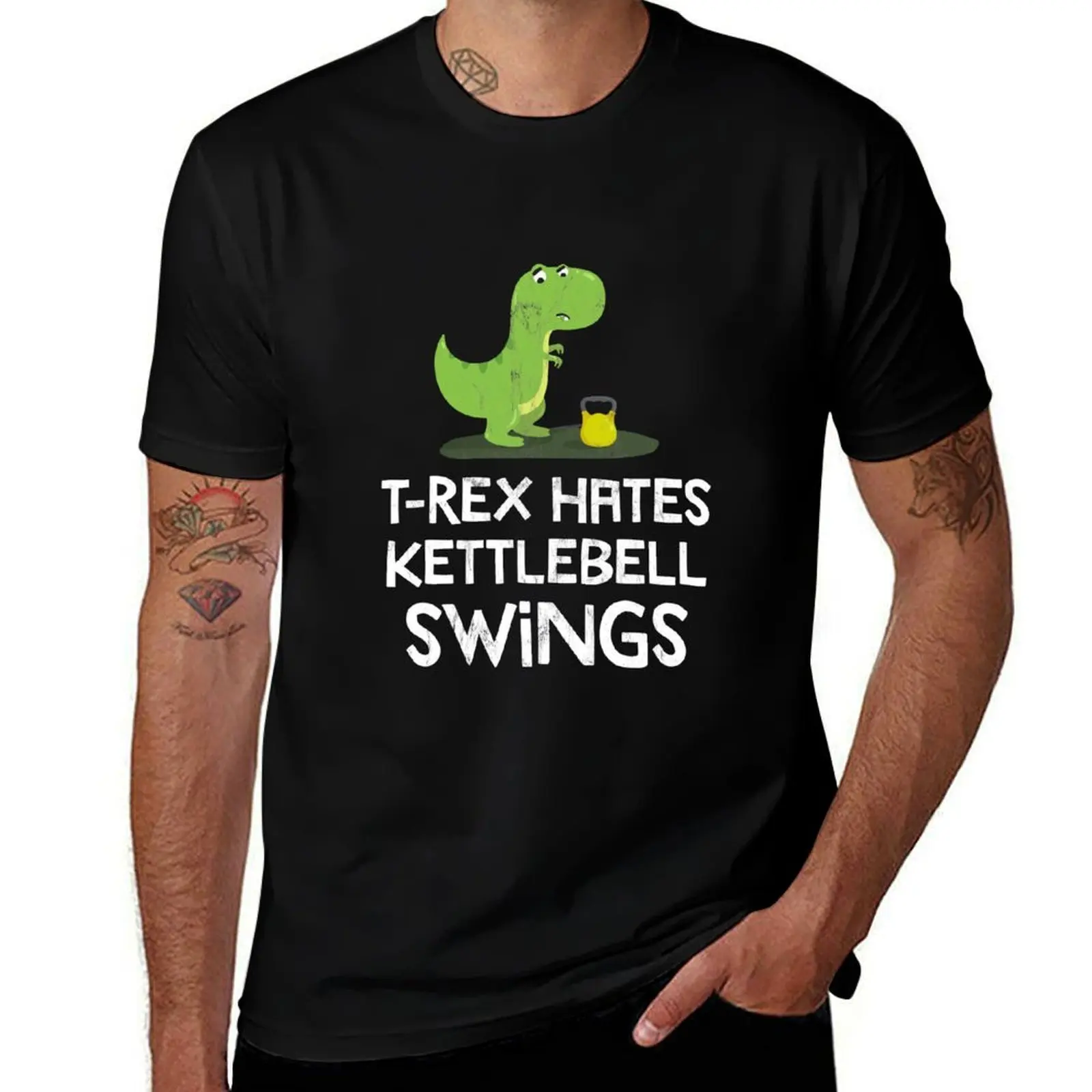 Rex Hates Kettlebell Swings Funny Gym Dinosaur Design T-Shirt man tshirt black cotton t-shirt plain for man package T-Shirt