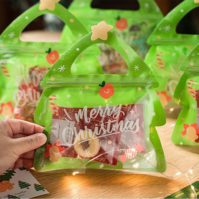 Bolsa de regalo con asa de árbol de Navidad para dulces, galletas de Chocolate, turrón, embalaje de galletas, bolsas de embalaje con cremallera de regalo