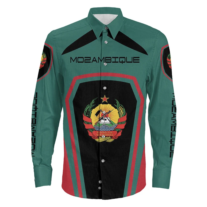 

Mozambique Flag Map Graphic Long Sleeve Shirts For Men Casual Fashion National Emblem Lapel Blouse Africa Male Button Shirt