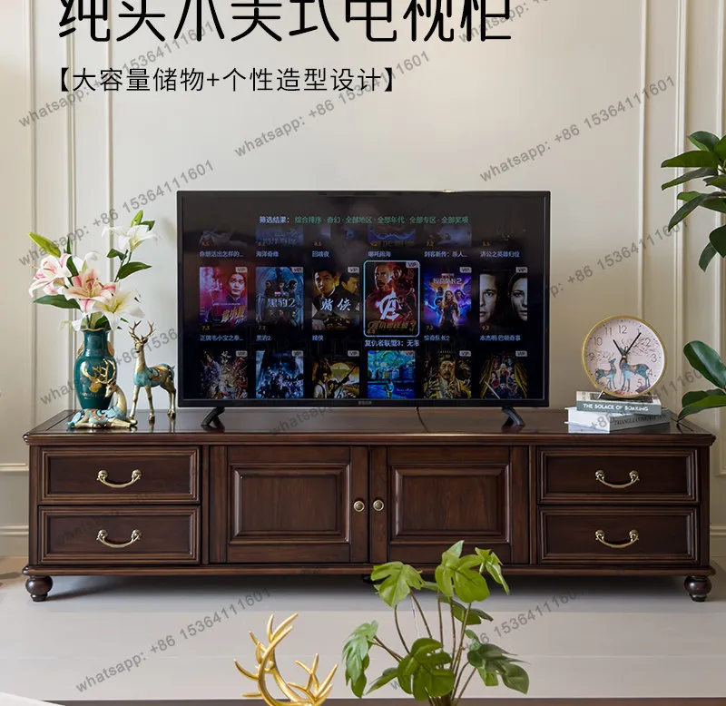 Classical living room full solid wood TV cabinet storage space French antique log