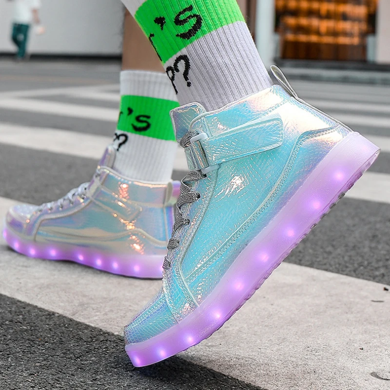 Trendy Men Luminous Shoes Cool Men Casual Shoes Couples Outdoor High-top Shoe Colorful Mirrored Velcro Shoe Zapatos Para Hombres