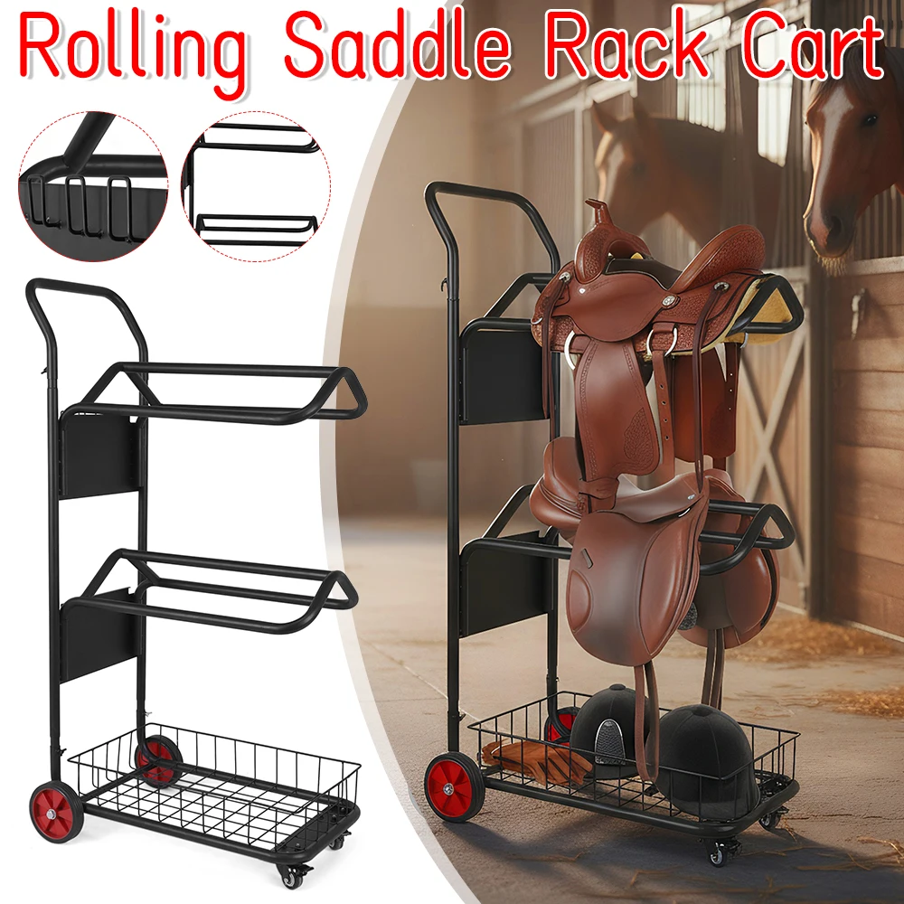 

Двухуровневая передвижная тележка для конных седел с корзиной для попоек, порошковое покрытие, с возможностью нанесения логотипа, для хранения, транспортировки и демонстрации в конюшне