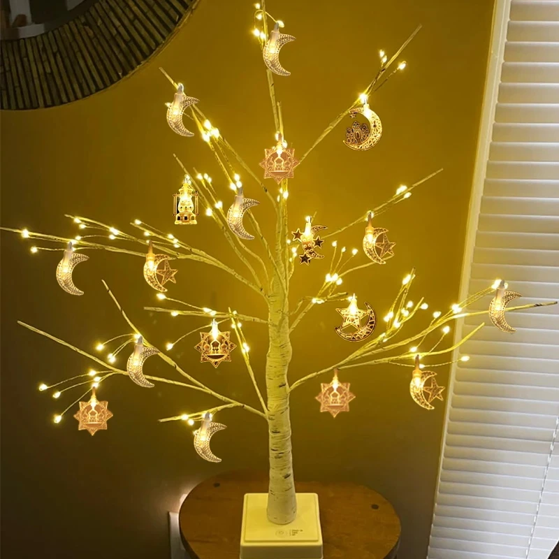 

Ramadan Decoration Lighted Birch Trees Star Moon String Lights Eid Mubarak Tabletop Tree Decoration Islamic Muslim Kareem Party