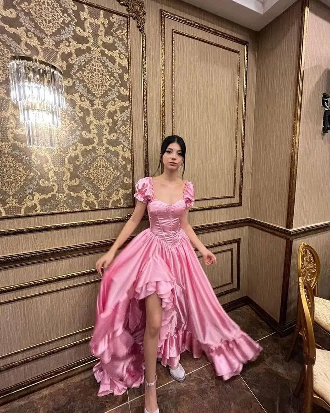 custom Elegnant A-line Pink Princess Corset Dress Birthday Evening Party Dresses with Ruffled Leg Split Special Occasion Gown