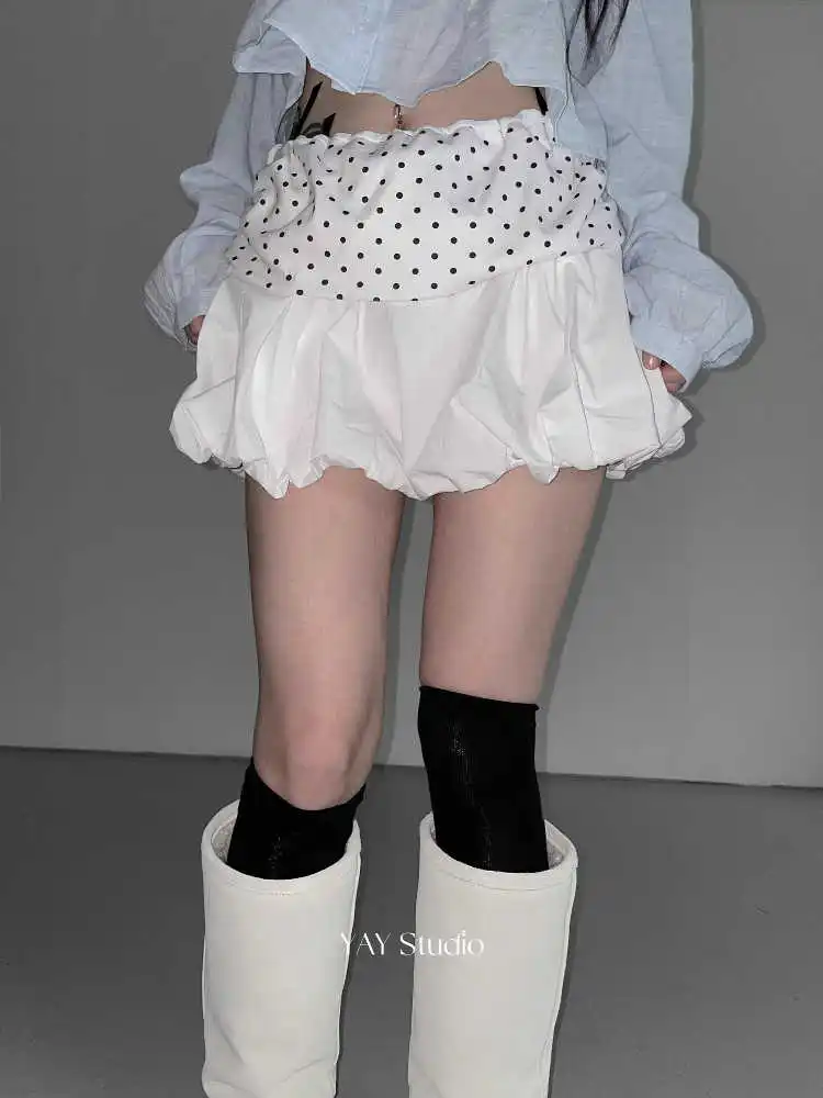 

2025 Autumn Winter Women Korean Fashion Cutecore Polka Dot Patchwork Mini Skirt Y2k Shoujo Coquette Gyaru Kpop Cutecore New In