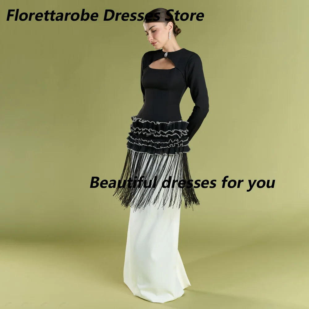 Customized Black White Two Tone Evening Dresses Long Sleeve Keyhole Cutout Ruffle Fringe Overlay Sheath Floor Length Party Gown