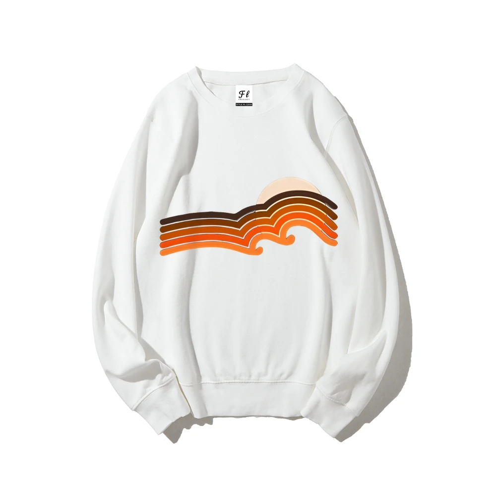 Sunset Wave Sweatshirt White Sweatshirt Retro Sunset Wave Print Casual Loose Long Sleeved Beachy Mood Comfortable Top