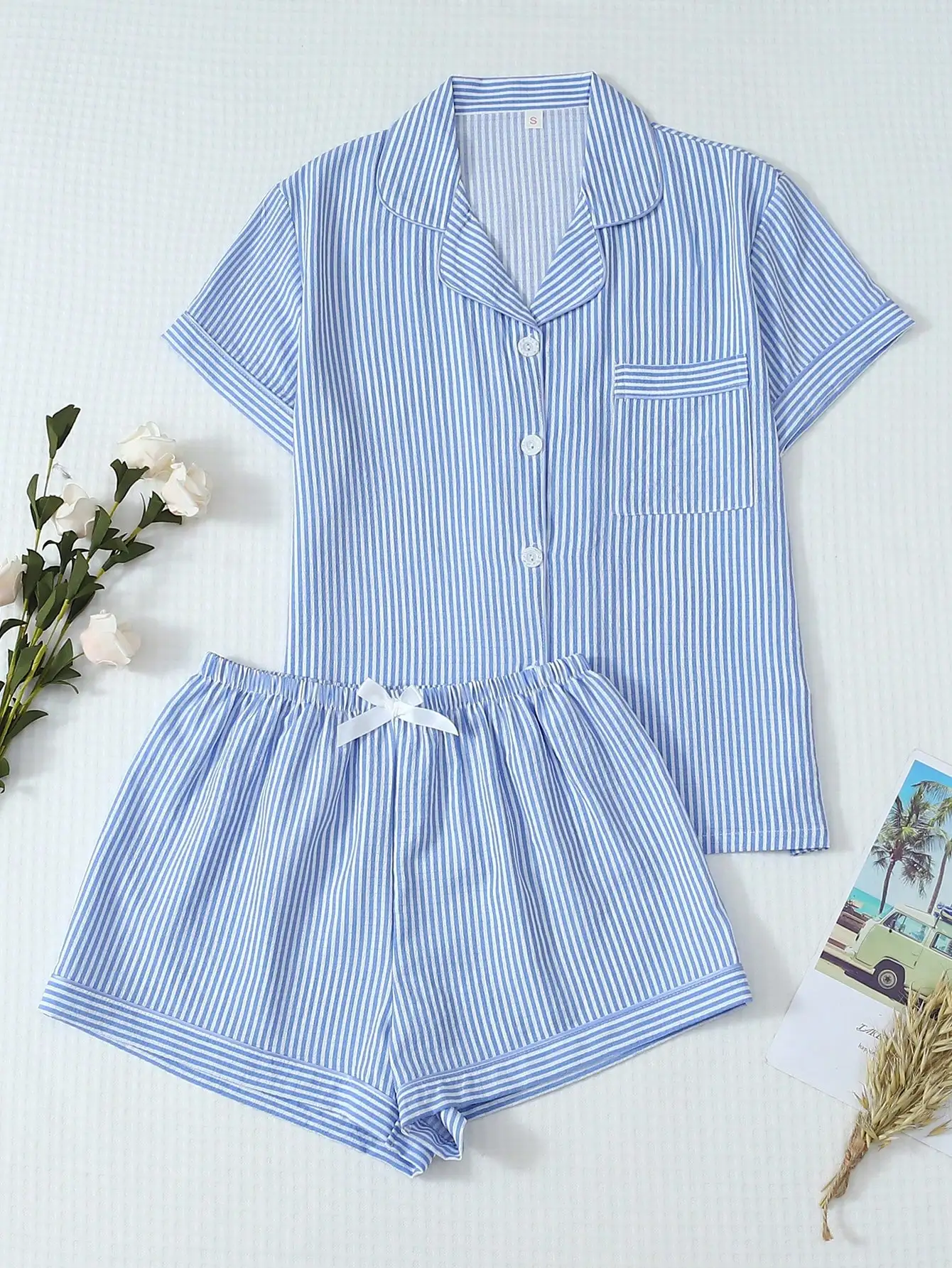 

Women's Blue & White Striped Pajama Set with Lapel, Button Front Top and Bow Shorts for Summer Sleepwear