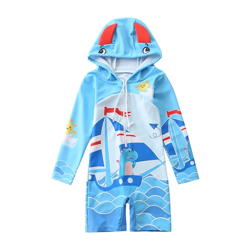 1〜7歳の男の子と女の子のためのツーピース水着,ジッパー付き水着,フード付き漫画,赤ちゃん用