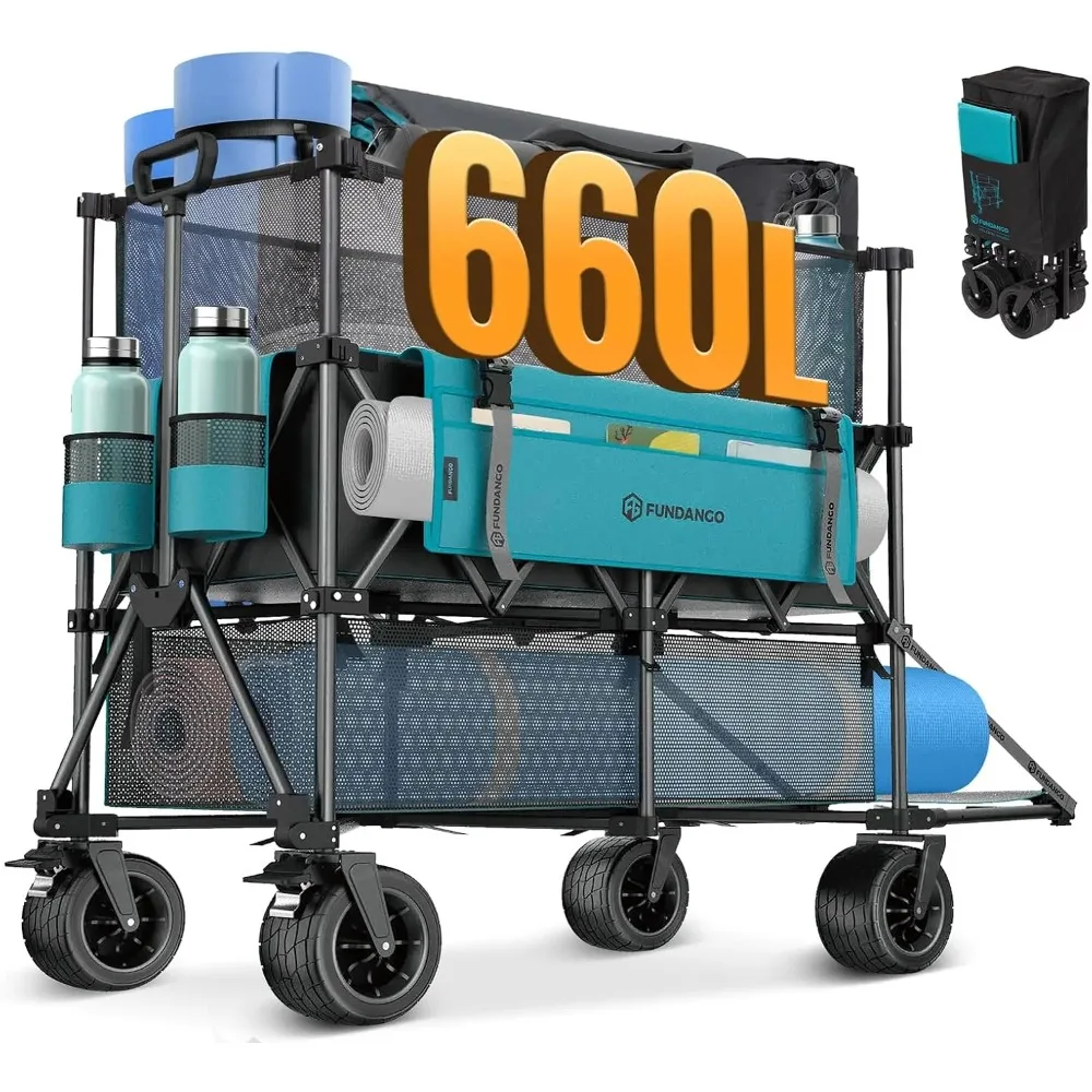 عربة ذات طابقين قابلة للطي 660L XXL مع موسع عالي، عجلات لجميع التضاريس للتخييم، معدات رياضية، للاستخدام المنزلي
