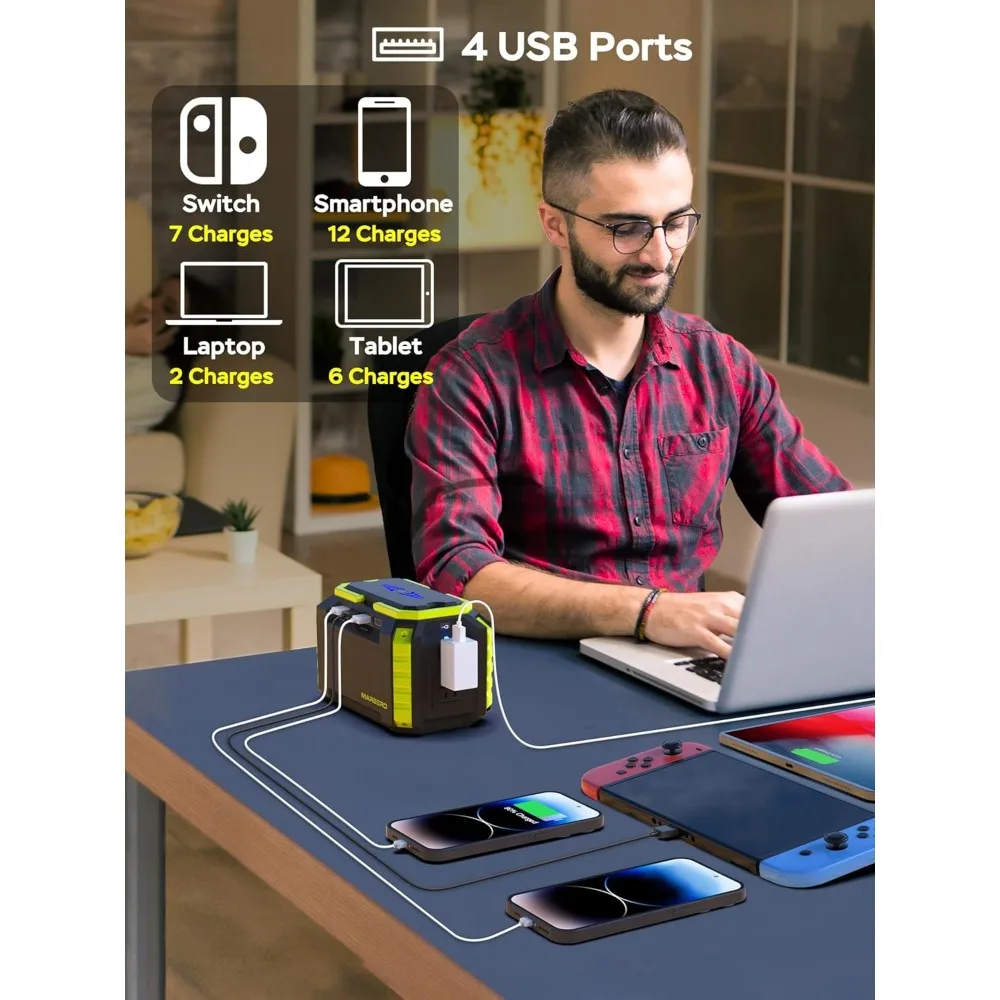 مولد طاقة شمسية محمول بقدرة 150 وات في الساعة للتخييم وشحن الكمبيوتر المحمول وبنك الطاقة مع مخرج تيار متردد، وذروة 110 فولت 150 وات، و4 منافذ USB