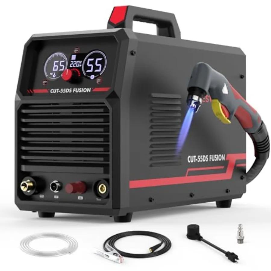 

Plasma cutter for metal fabrication, stainless steel and carbon steel, blue, built-in air compressor with large LED display, 55