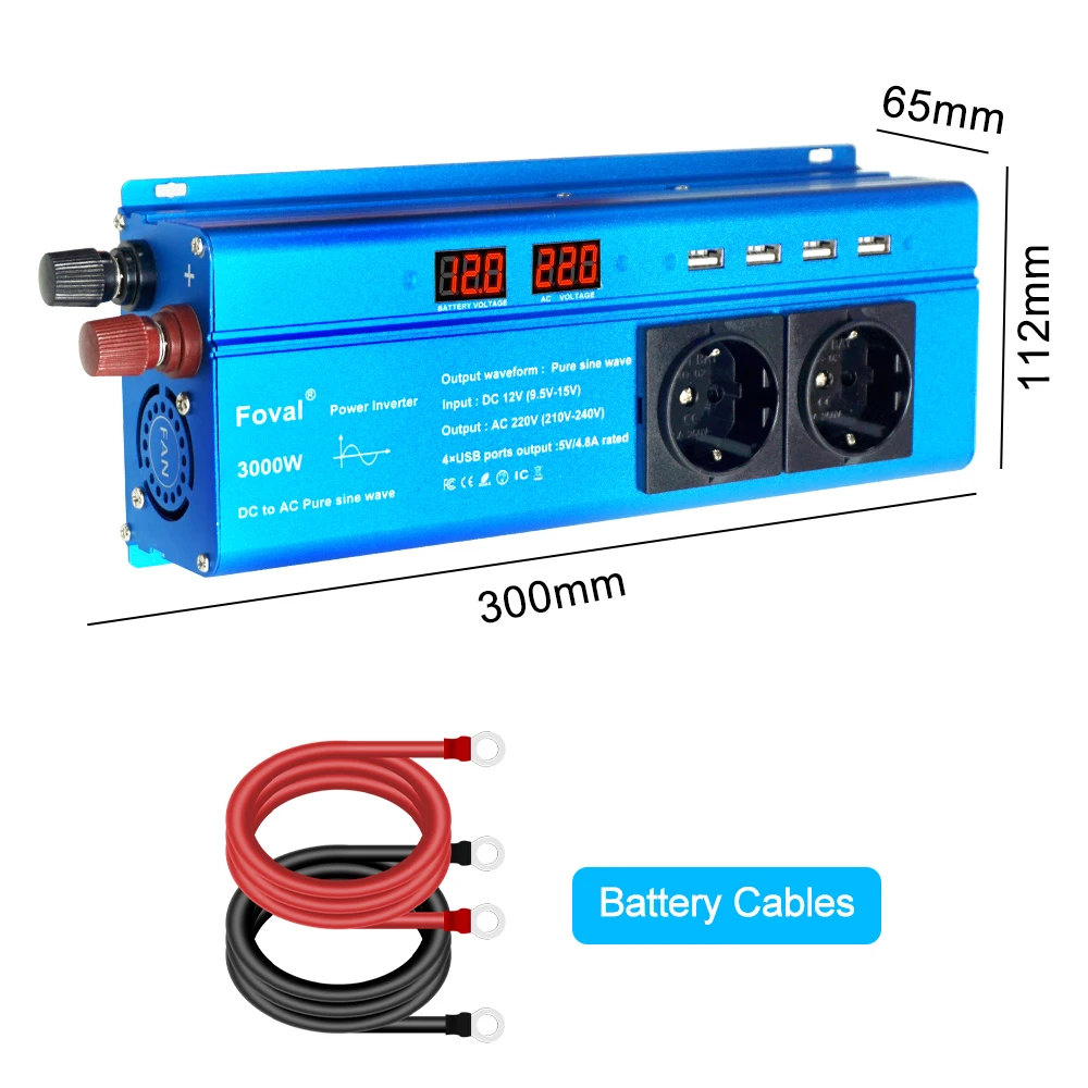 1500W/2200W2600W/3000W Power DC 12V TO AC 220V Car Inverter Adapter Power Converter With 3.1A Dual USB Pure Sine Wave EU Socket