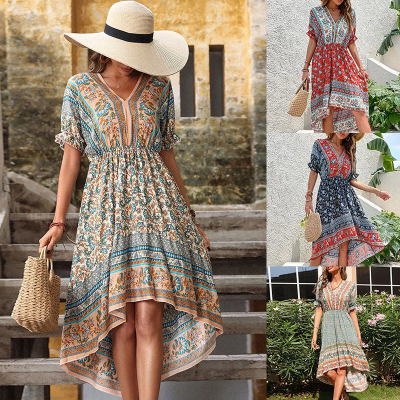 

Summer Restore Ancient Ways Mid-length Slim Print Irregular Holiday Dress Beach Bohemia V Neck Casual A-line Dress Vestidos