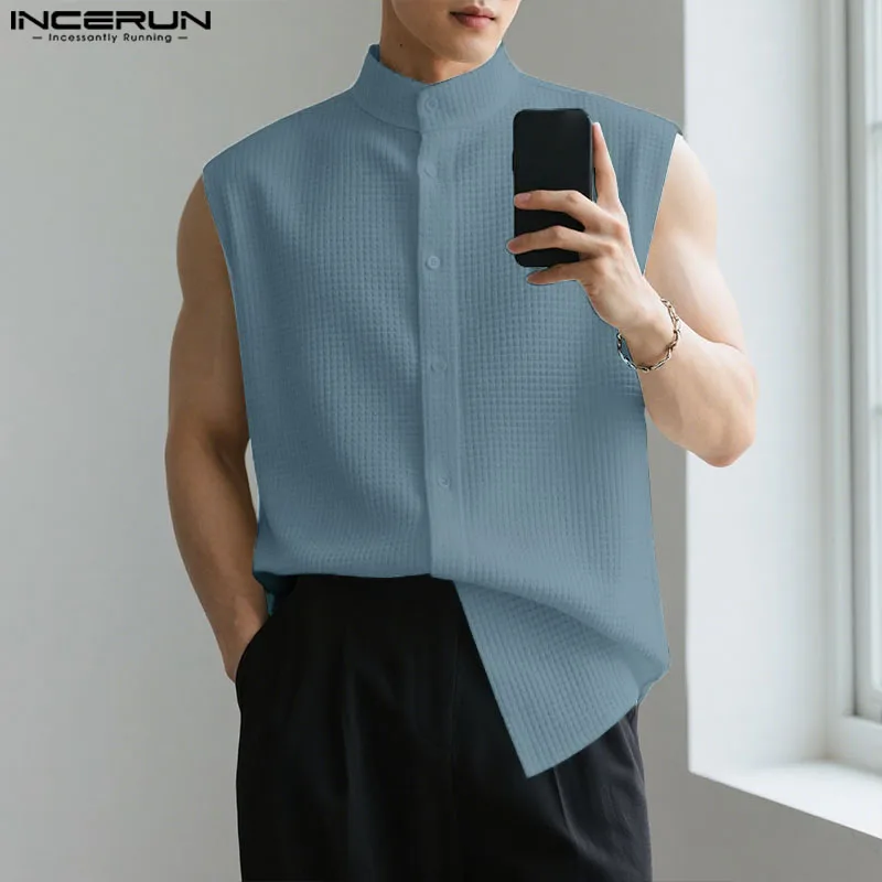 

INCERUN Men Shirt Solid Color Stand Collar Sleeveless Summer Men Clothing Streetwear 2025 Loose Fashion Casual Male Shirts S-5XL