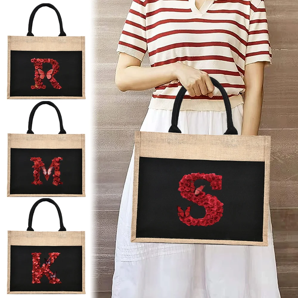 

Eco-friendly Shopper Bag Fashion Casual Commuting Bag Portable Large Capacity Cotton Linen Handbag Simple Red Rose Series