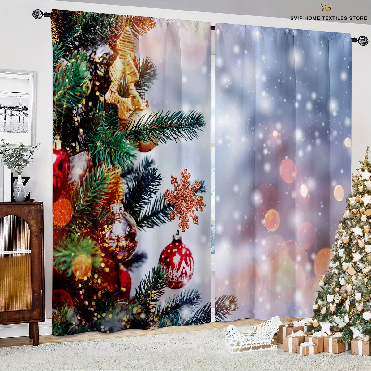 Cartoon Print Window Curtains, Christmas Tree Socks, Decorative Curtains, Bedroom, Restaurant, Holiday Party, 2 Pieces