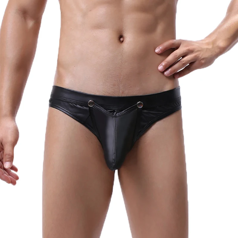 Gay Underwear Jockstrap Men Thongs G-strings Faux Leather Button Open Crotch String Homme Underpants Erotic T-back Latex Panties