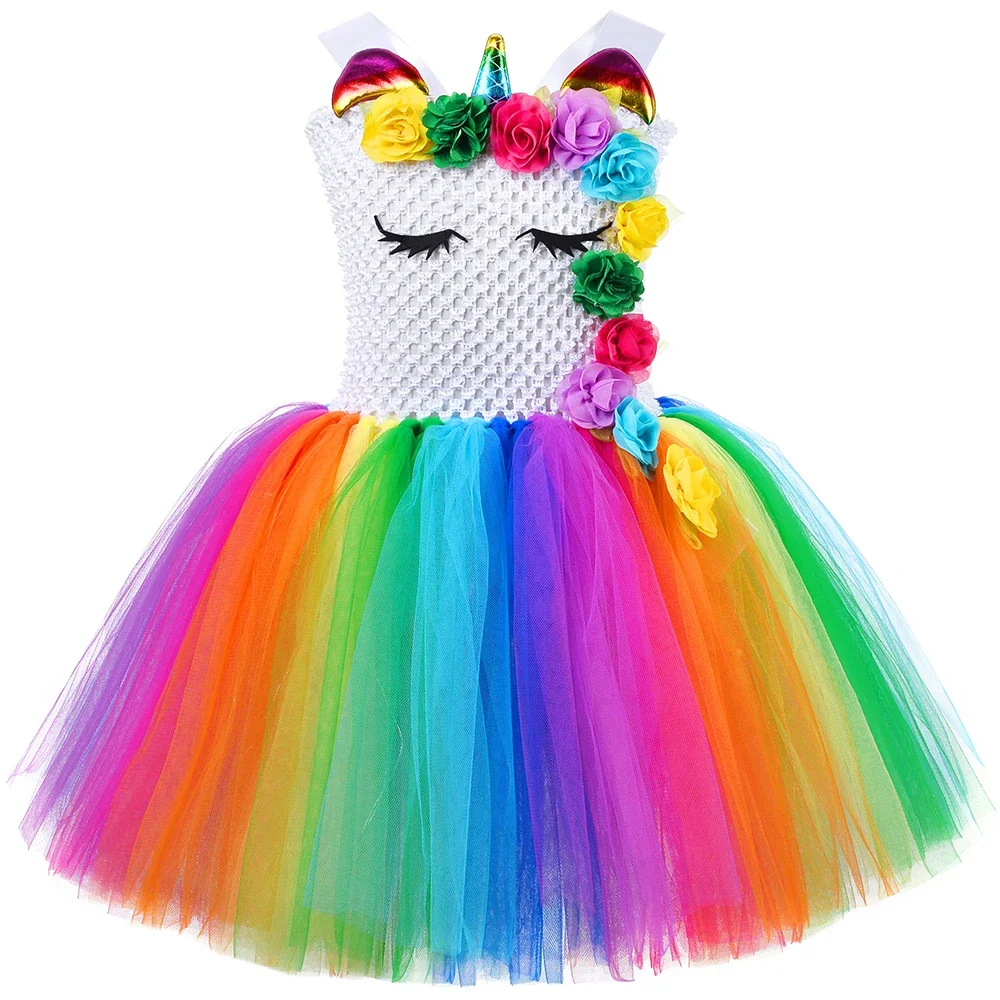 Girls Unicorn Dress LED Light Up Rainbow Flowers Princess Tutu Dress Baby Girl Birthday Party Clothes Halloween Costume for Kids