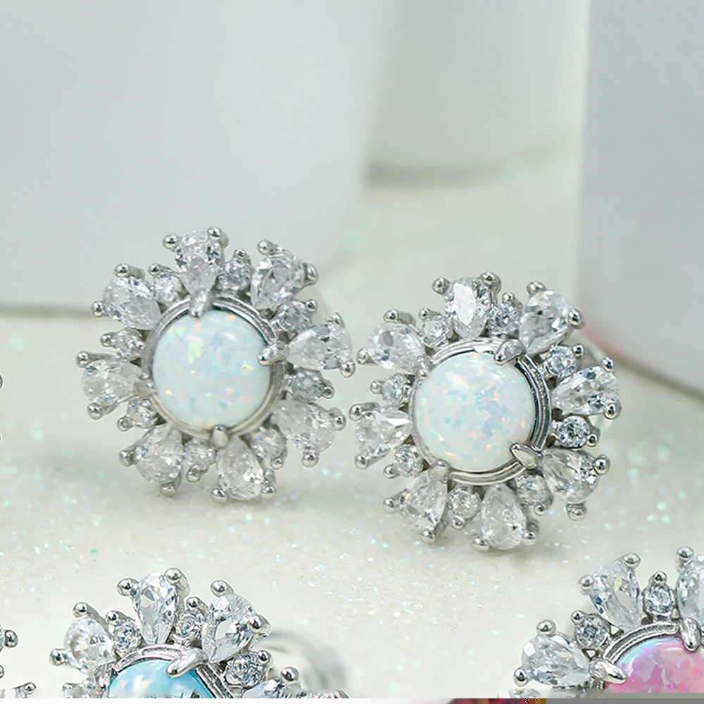 

White Fire Opal Earring Studs For Women Sterling Silver Pear Cut Diamond Flower Ear Studs