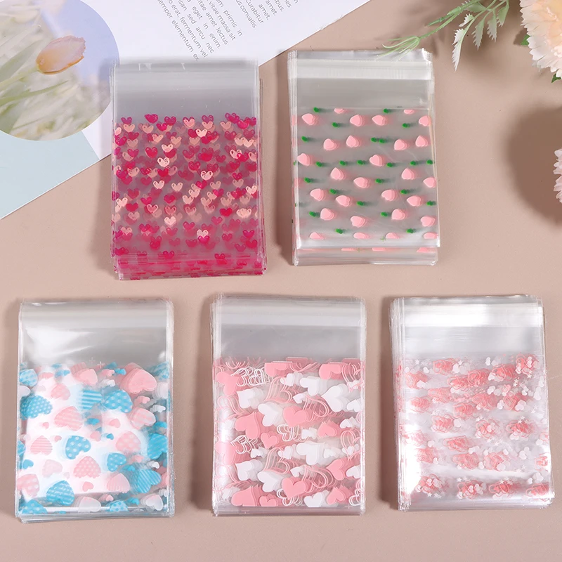 100Pcs Heart Shaped Transparent Candy Bag Biscuit Snacks Plastic Bag Baking Decoration Packaging Self-adhesive Bag