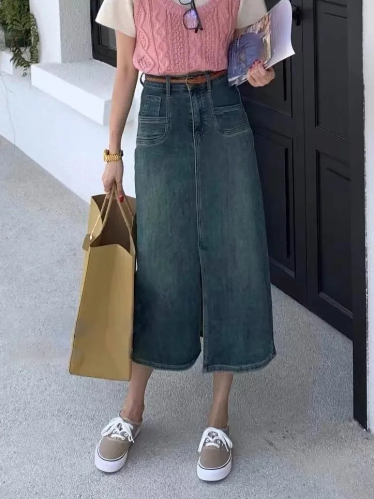 

ZHISILAO New A-line Midi Denim Skirt Women Casual Classic Elastic Split High Waist Jeans Skirt Summer 2023