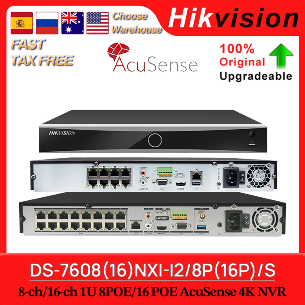 Hikvision Original DS-7608NXI-I2/8P/S DS-7616NXI-I2/16P/S 8/16CH POE 4K Acusense NVR 2 SATA AI By Camera Network Video Recorder