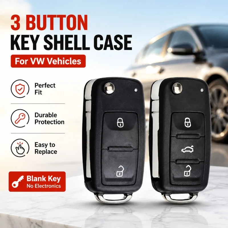 3 Button Flip Car Key Shell Blank Uncut Blade Housing Compatible with VW Beetle Caddy Eos Golf Jetta Polo Scirocco Tiguan Touran