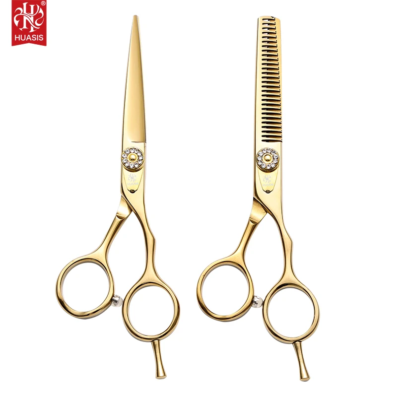 

HUASIS HU52 5.5inch Hair Cutting Scissors and Thinning Scissors Gold Electric Coating Stainless Steel Free Shipping