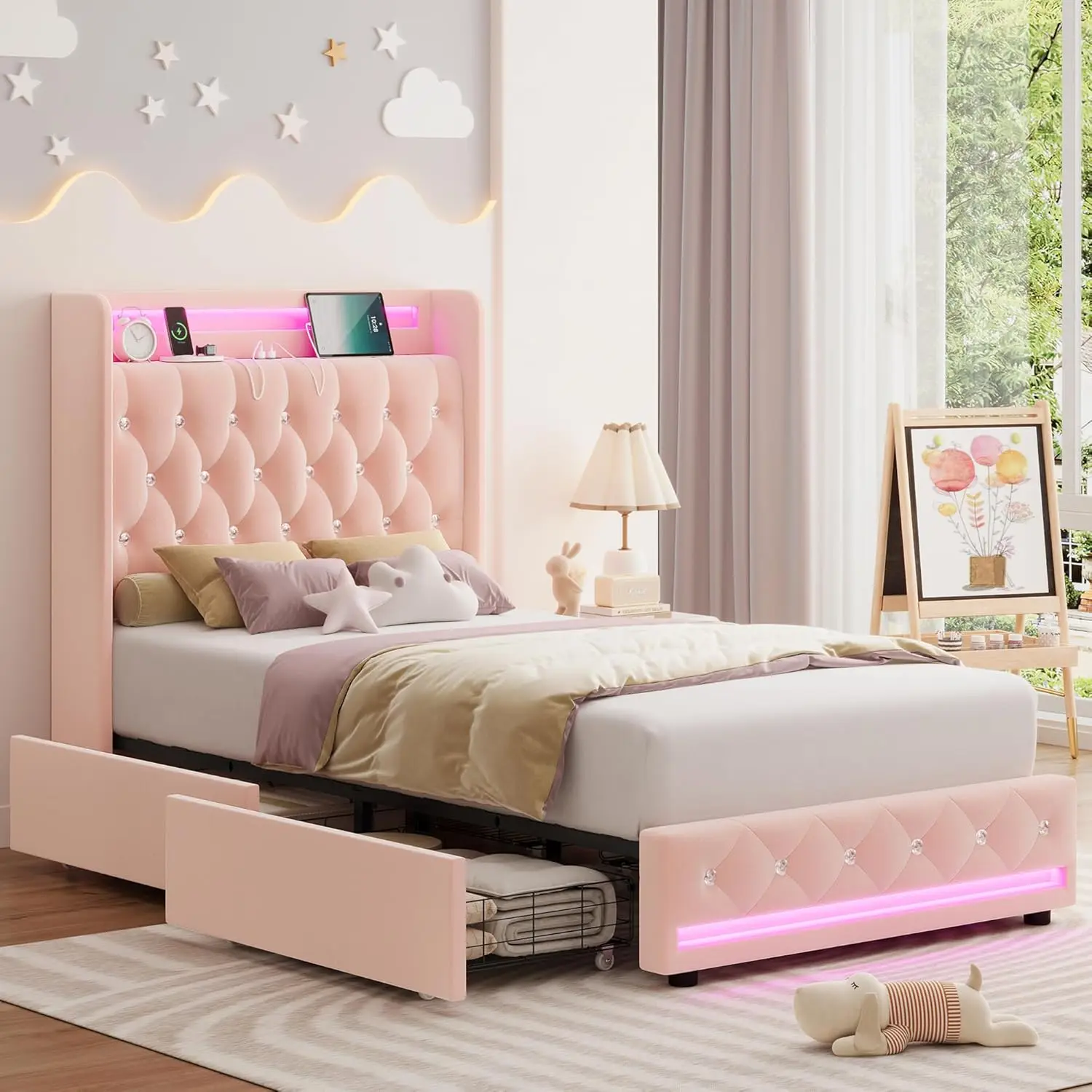 Upholstered Full Size LED Bed Frame with Charging Station & 4 Storage Drawers, Velvet Crystal Button-Tufted Wingback Headboard,