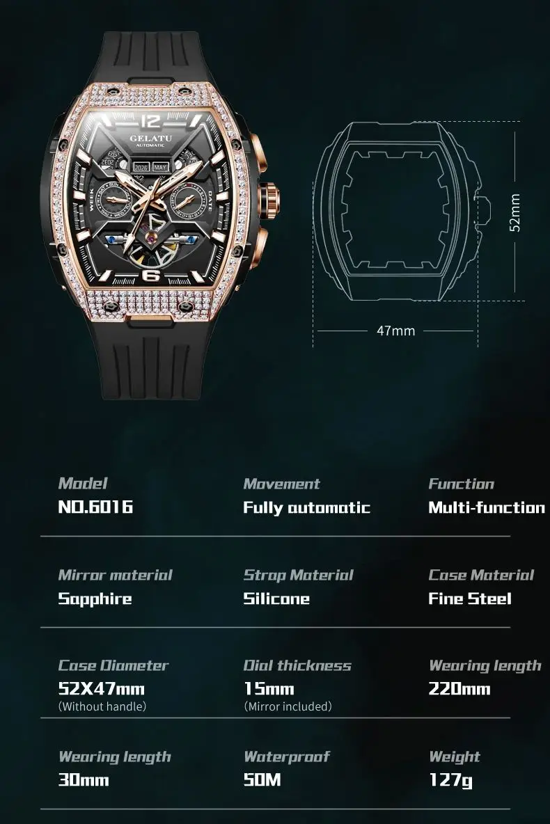 GELATU 6016 Hollow Big Dial Luxury Mechanical Watch For Men Diamond Auto Date Silicone Hand Clock 50M Waterproof Top Brand Watch