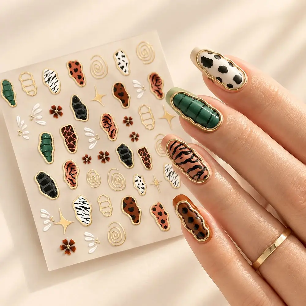 1Pc Nail Sticker Rustic Boho 5D Embossed Leopard Print Self-Adhesive Gold Rim Zebra Cow Swirl Shape DIY Nail Art Decor Kit
