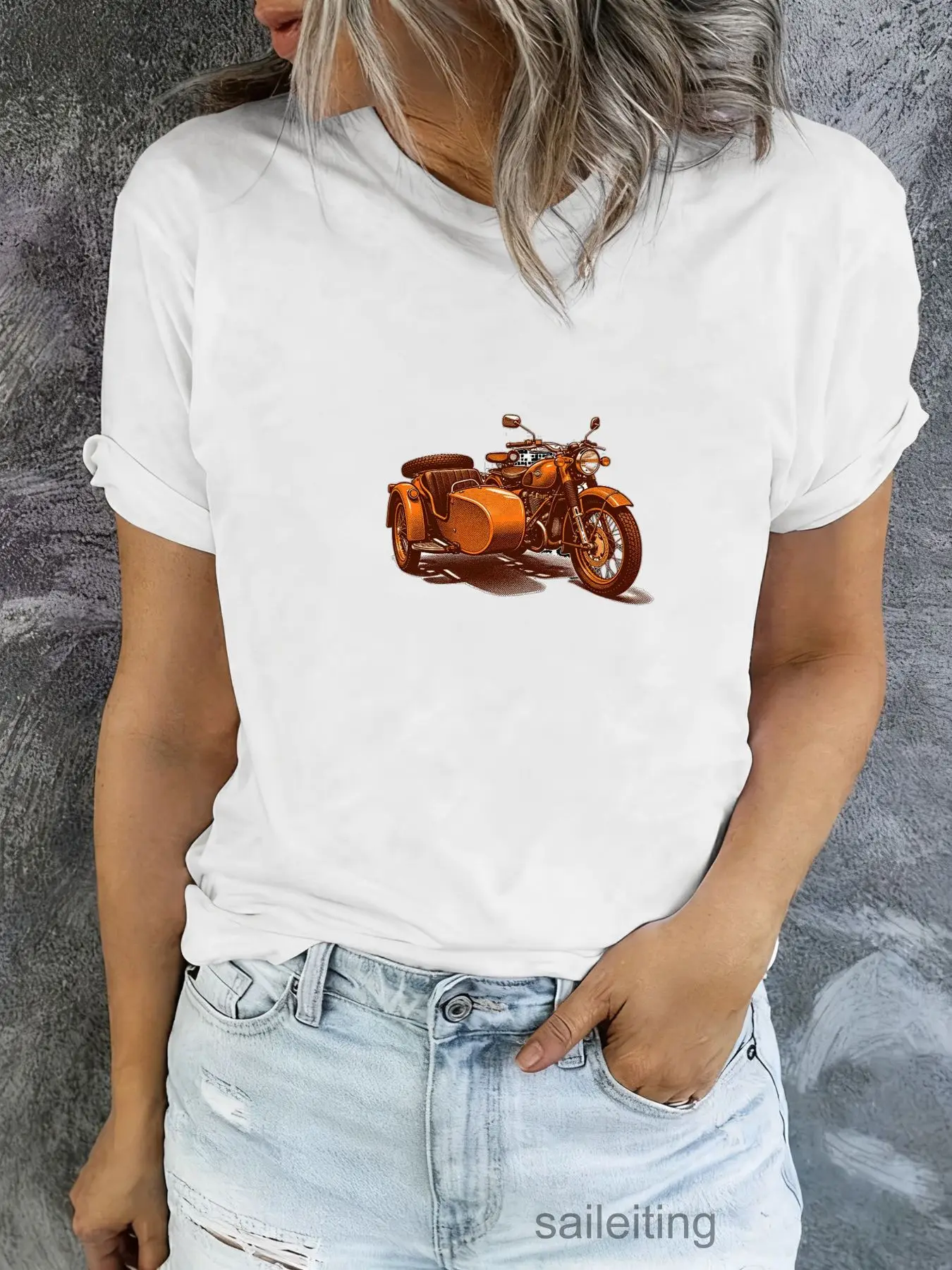 Vintage Orange Motorcycle with Sidecar Graphic Tee - Retro Classic Biker Short Sleeve T-Shirt for Men Women, Summer Breathabl