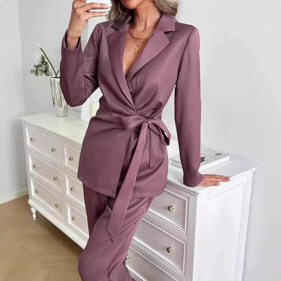 Office Ladies Elegant Autumn Suit Waist Belted Small Suit Fashion Casual Professional Women Two-piece Suit