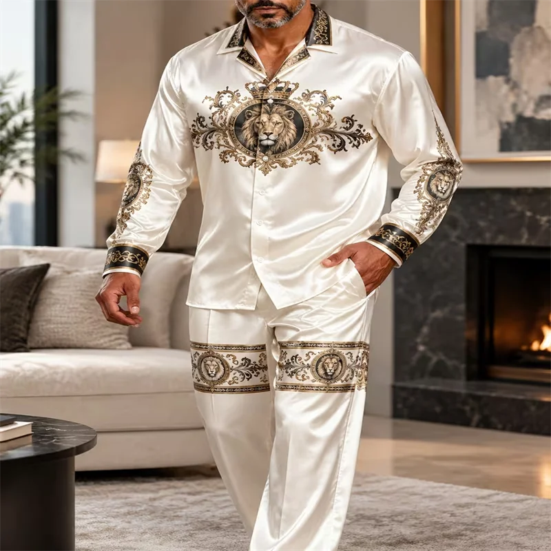 Men's Baroque Lion Crown Print Satin 2 Piece Set Long Sleeve Button Down Shirt + Pants Male Casual Loungewear Nightwear Pajama S