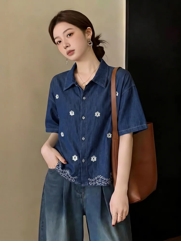 

Floral Embroidery Thin Denim Short Sleeve Shirt Women's Summer New Style plus Size Fashionable Youthful Top Korean Style