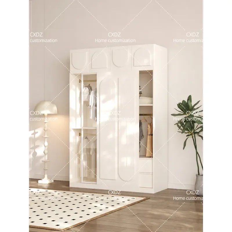 French cream style household solid wood wardrobe storage cabinet bedroom sliding door wardrobe layered baffle wardrobe can be