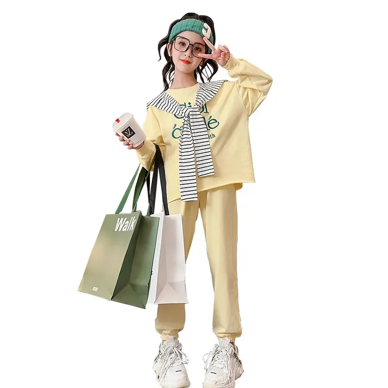 

Girls Fashion Clothes Long Sleeve Pullover with Shawl Set Spring New Round Neck Top + Sweatpant 2pcs Casual Sportswear 4-14Y