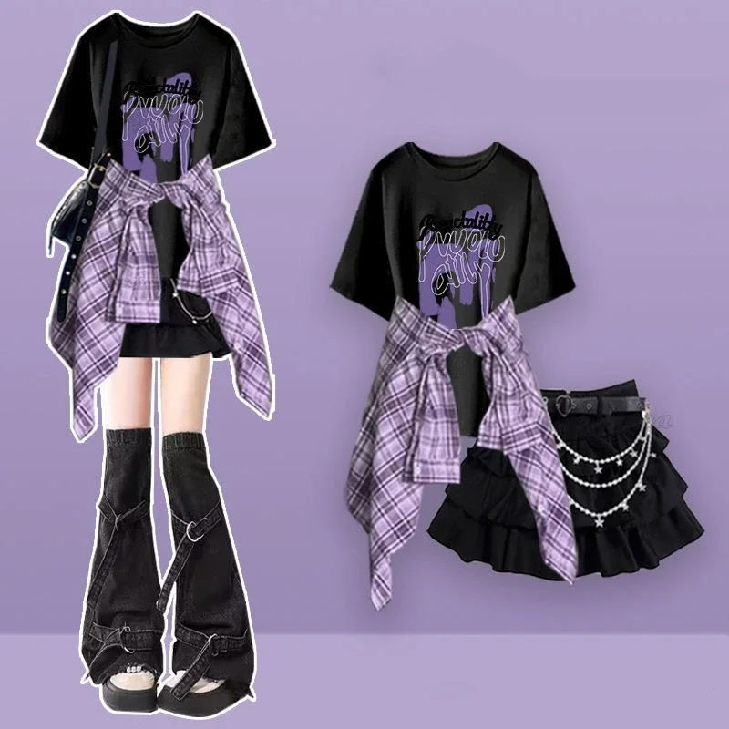 

Women Spring Summer Plaid Shirts Short Sleeve T-Shirts Ball Gown 1 or Three Piece Set Lady Cool Punk Black Tops Mini Skirt Suits
