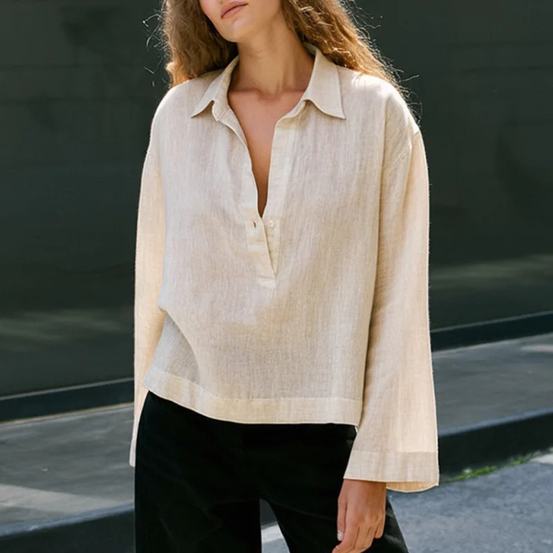 

Женская рубашка из 100% льна с v-образным вырезом на половину пуговиц, весенние новые повседневные рубашки в стиле ретро с отложным воротником и длинными рукавами, льняные топы премиум-класса