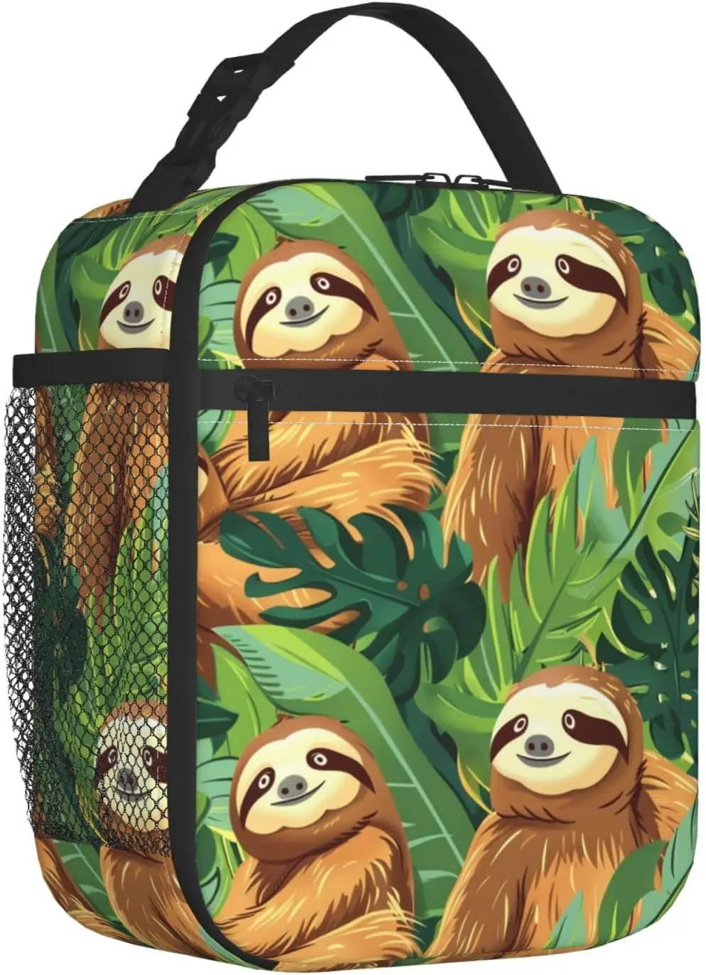 Playful Cartoon Sloth Insulated Lunch Bag for Women Men Palm Leaf and Wildlife Lunch Bag