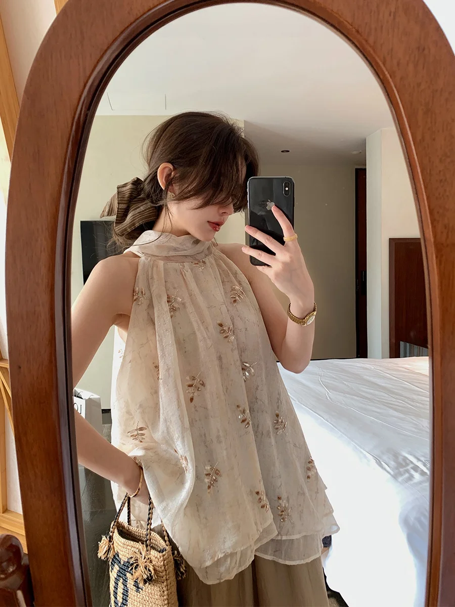 MUKOK Chinese Style Embroidered Vest Women's Korean Neck Hanging Sleeveless Top Drapey Versatile Holiday Outerwear