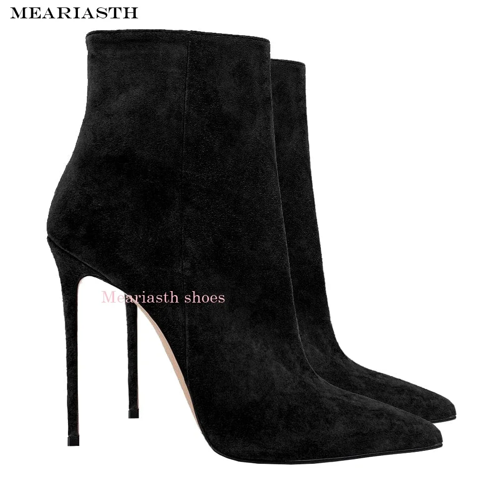 bust buy Classical Style black Matte Leather Stiletto Heel Short Boots Pointed Toe Green Pink Brown Thin High Heel Ankle Booties