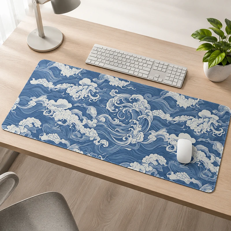 Tapis de souris bleu et blanc avec nuages japonais, tapis de souris gamer imprimé sur demande, nouveau tapis de souris pour ordinateur XXL, tapis de clavier mécanique, accessoires de bureau
