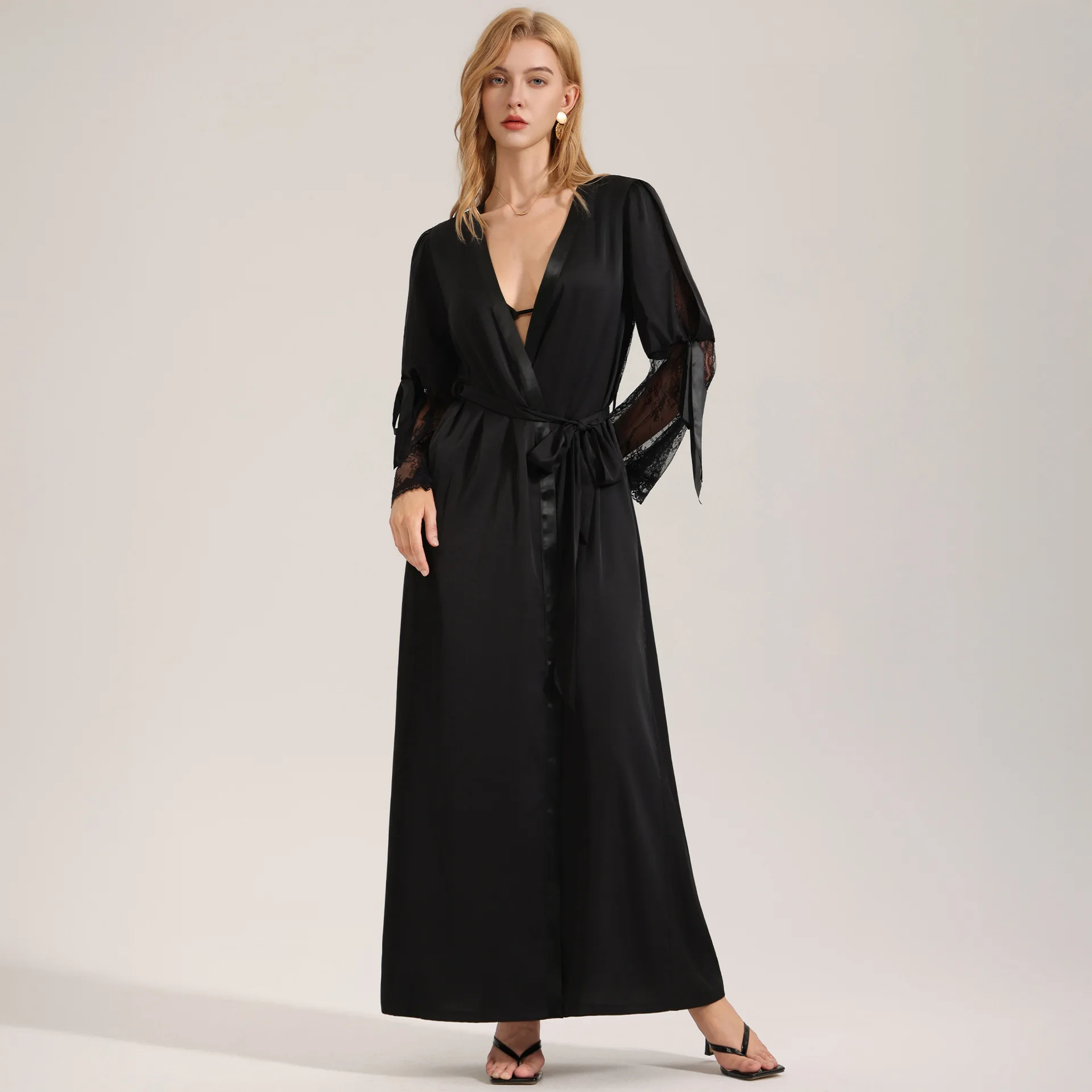 

Female Long Robe Black Back Hollow Out Lace Sleepwear Kimono Bathrobe Loose Casual Satin Home Wear