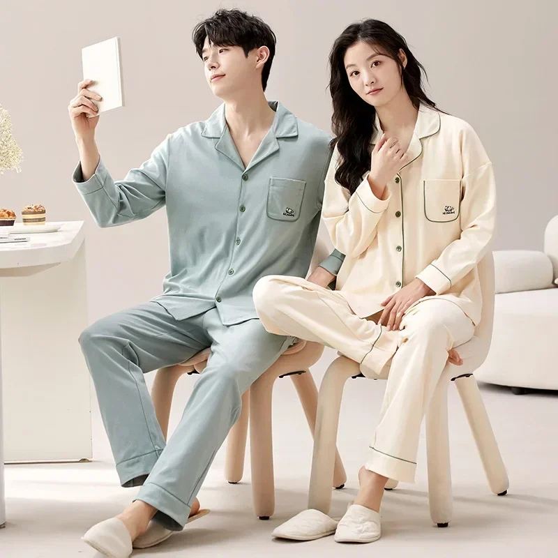 Autumn Cotton Cardigan Sleepwear for Couple Women and Men Matching Nightwear Long Sleeves Home Clothes pijamas para parejas