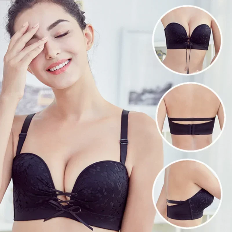 Bralette Push-Up-BHs für Damen, trägerlos, rutschfest, unsichtbar, gerafft, ohne Stahlring, Spitze, Dessous, Braut, Hochzeit, BH