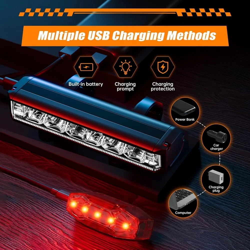 Luzes de bicicleta, luzes de bicicleta para passeios noturnos, farol de bicicleta recarregável USB de liga de alumínio de 6 LED e luz traseira, IPX5 à prova d'água